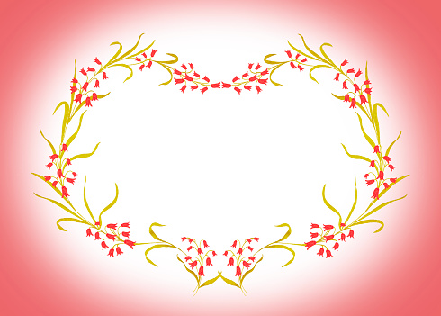 Frame with red pink hearts among green leaves and flower buds. Valentine cards, birthday.