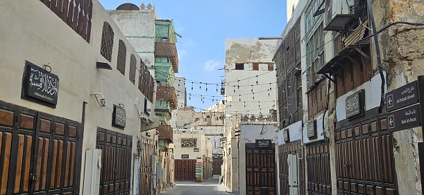 Jeddah, Saudi Arabia – December 20, 2023: Traditional wide doors in Al-Balad old town, in Jeddah, Saudi Arabia.