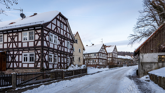 Herleshausen, Hesse, Germany - January 20, 2024: The historic houses of Herleshausen in Hesse
