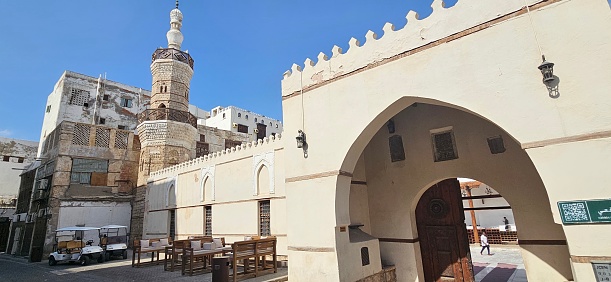 Jeddah, Saudi Arabia – December 20, 2023: Al Shaf’i Mosque (the ancient mosque) in Al-Balad old town, in Jeddah, Saudi Arabia.