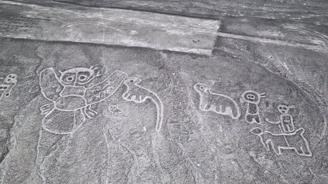 Top down aerial view of mysterious Nazca lines in Peru.