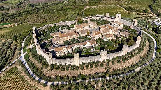 Scenic aerial view of Abbaye des Vaux-de-Cernay, a Cistercian monastery in northern France, situated in Cernay-la-Ville, Yvelines, France