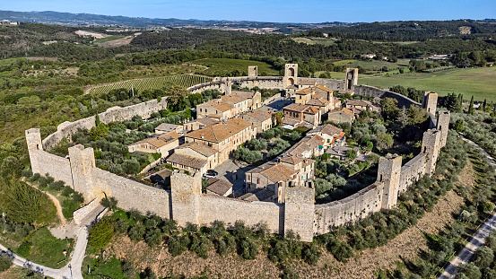 Aerial view of Monteriggioni medieval walled town, Siena Province, Tuscany