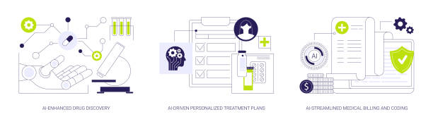 Artificial Intelligence in Healthcare abstract concept vector illustrations. Artificial Intelligence in Healthcare abstract concept vector illustration set. AI-Enhanced Drug Discovery, Personalized Treatment Plans, Medical Billing and Coding, medical costs abstract metaphor. cartoon of medical records stock illustrations