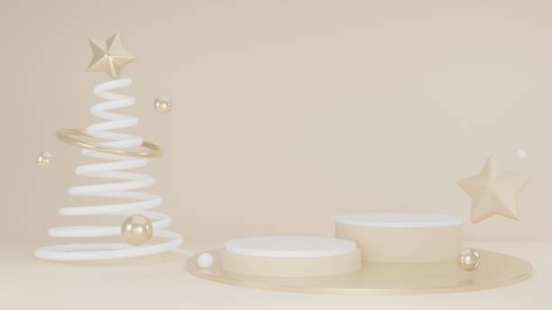 istock 3D Rendering minimal beige background with podium and Christmas tree luxury decoration 2009835675
