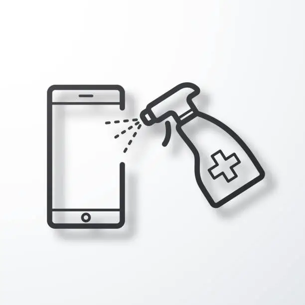 Vector illustration of Smartphone handle disinfection. Line icon with shadow on white background