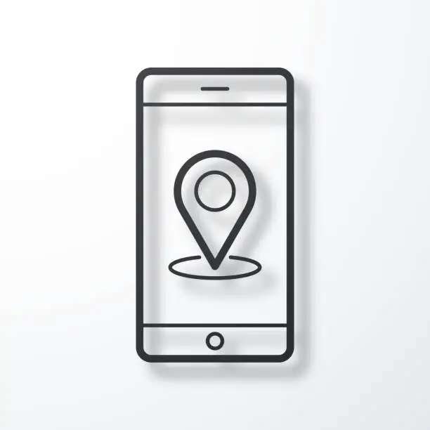 Vector illustration of Smartphone with location pin. Line icon with shadow on white background