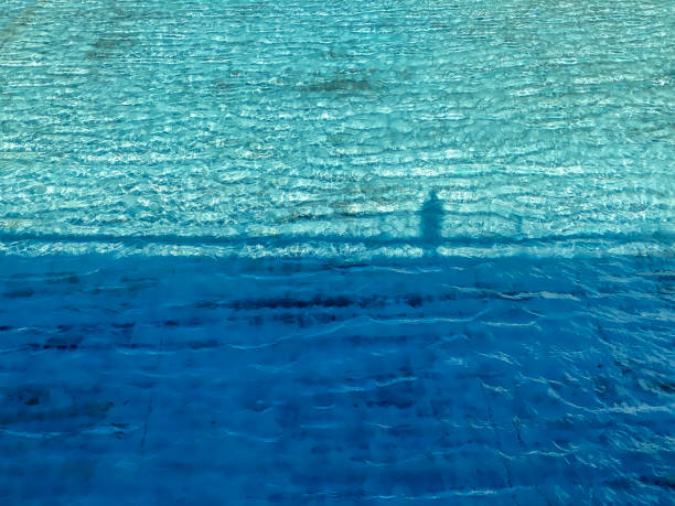 High angle view of shadow of man standing on bridge projecting his shadow over flowing water