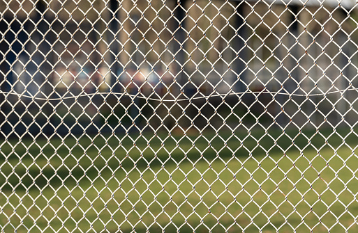 Germany, Berlin, January 27, 2024 - Full frame of chain-link fence against field, Berlin Zehlendorf
