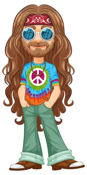 Vector illustration of Colorful hippie with peace sign and sunglasses.