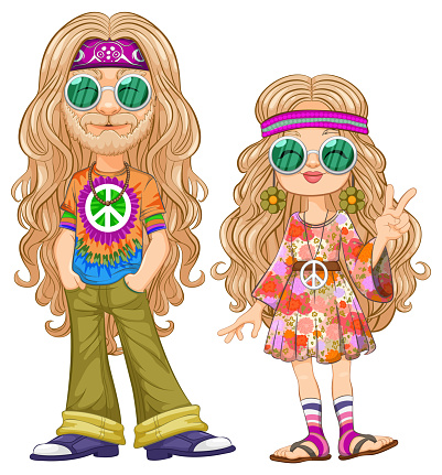 Cartoon of hippie man and girl showing peace signs.