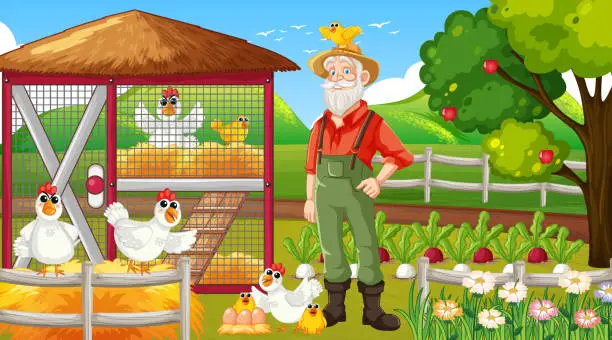 Vector illustration of Elderly farmer standing beside chicken coop in farm