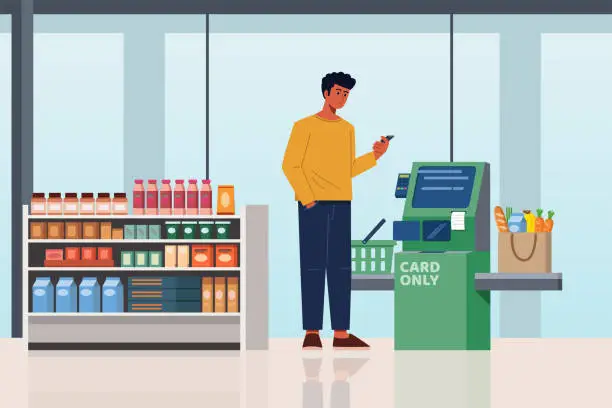 Vector illustration of Flat-style illustration: A man pays his grocery at a self-service checkout kiosk using a smartphone.