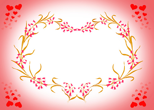Frame with red pink hearts among green leaves and flower buds. Valentine cards, birthday.