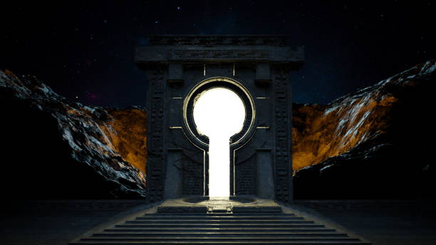 istock Ancient space gate portal to parallel world of universe. Cosmos galaxy stars, luminous glow gateway. 3d render 2009895310