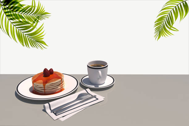 Sponge bread with melted jam on a white porcelain plate. Spoon, fork and napkin next to it.