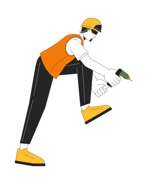 Vector illustration of Caucasian male engineer holding cordless screwdriver 2D linear cartoon character