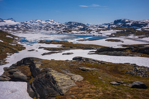 Jotunheimen National Park , Home of the Giants, is one of the Norway's premier hiking and fishing regions off of the Sognefjellsveien route, is the highest mountain pass road in Northern Europe.