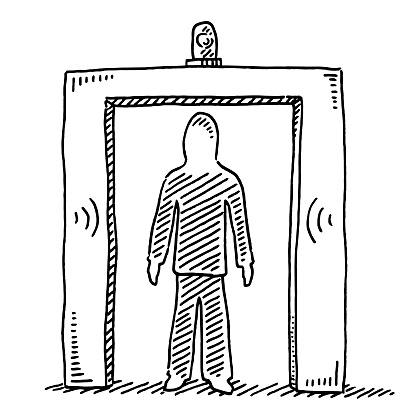 Hand-drawn vector drawing of a Human Figure Security Check Symbol. Black-and-White sketch on a transparent background (.eps-file). Included files are EPS (v10) and Hi-Res JPG.