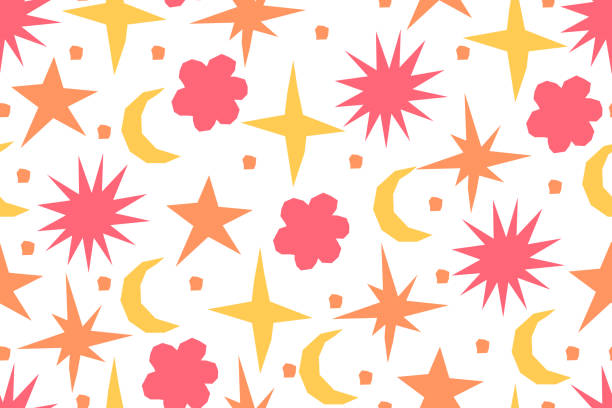 白い背景に抽象的な切り抜き要素を持つシームレスなパターン。ピンクと黄色の色で色とりどりの星、花、月。紙から切り取られた素朴な形。ベクトル図。 - white background backgrounds star shape shape点のイラスト素材／クリップアート素材／マンガ素材／アイコン素材