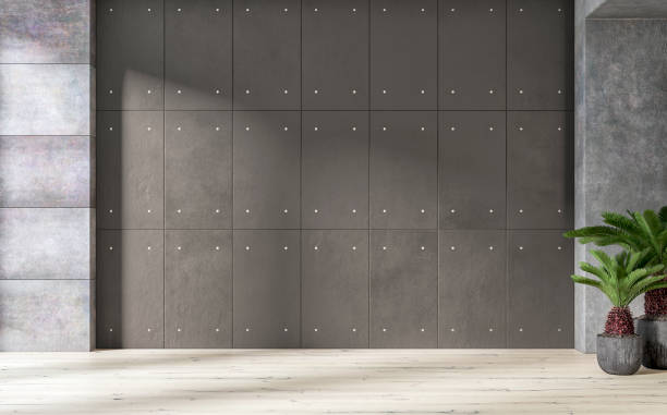 istock Empty unfurnished interior: a room with concrete brown gray tiled wall and niche with windows and two potted plants 2009906485