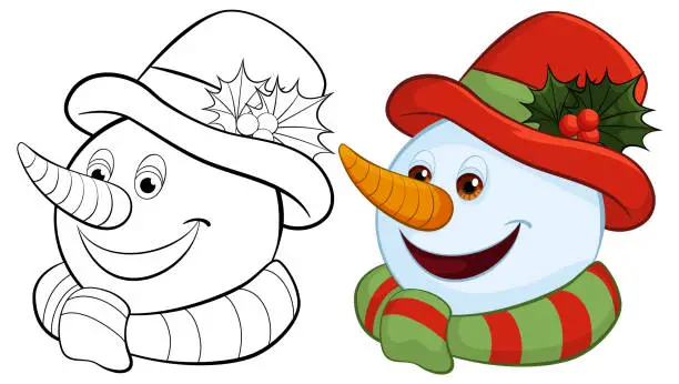 Vector illustration of Two snowmen illustrations, one colored and one line art.
