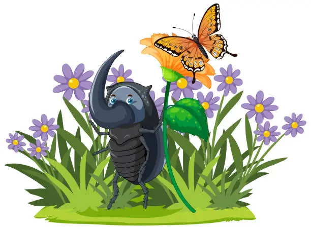 Vector illustration of Cartoon beetle and butterfly among purple flowers