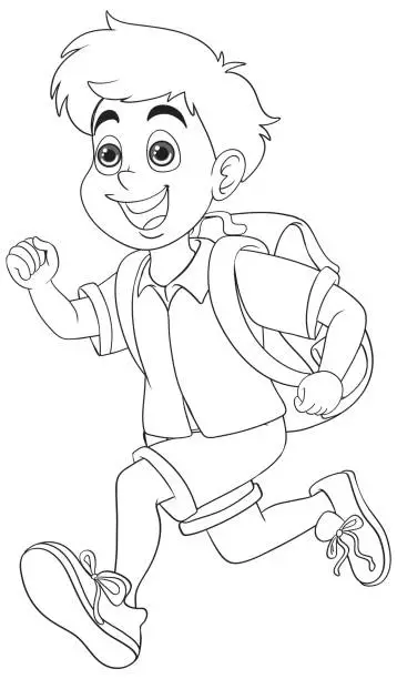 Vector illustration of Cheerful young boy running energetically with a backpack.