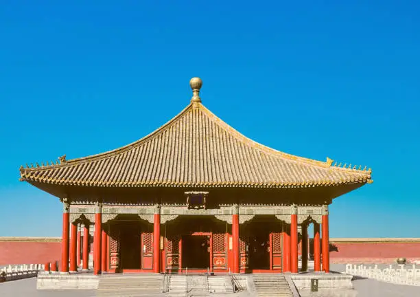 The Hall of Central Harmony located between the Hall of Supreme Harmony and the Hall of Preserved Harmony. These three, known as the Three Great Halls of the Outer Court