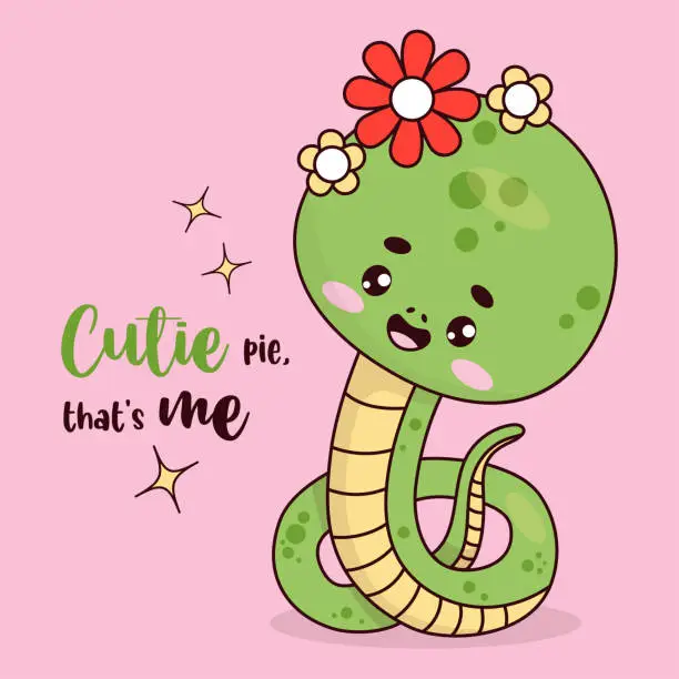 Vector illustration of Cute snake with flowers. Reptile kawaii character. Vector illustration with cartoon serpent. Kids collection.