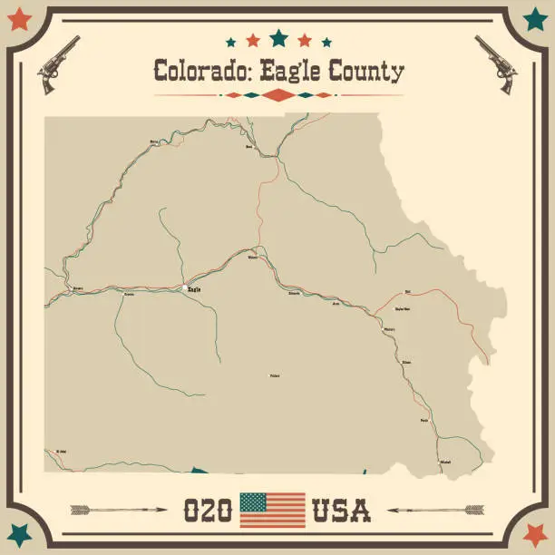 Vector illustration of Large and accurate map of Eagle County, Colorado, USA with vintage colors.