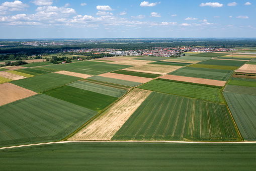Aerial, spring landscape with green and brown-colored agricultural fields and blue sky with clouds.