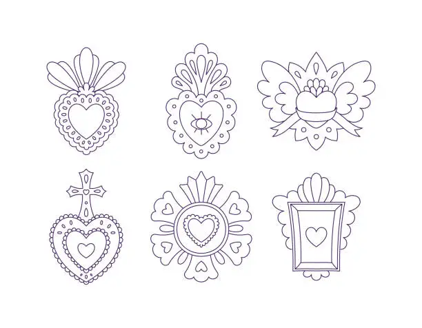 Vector illustration of Mexican hearts set. Sacred Mexico love symbols. Holy religious corazons in fire, flame, flower, crown, eye, dagger. Valentine decorations. Flat vector illustrations isolated on white background