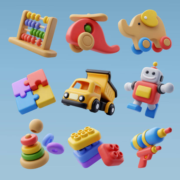 kolekce 3d ikony dětské hračky, dítě a vzdělávací koncept - hračka stock ilustrace