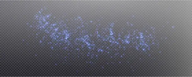 Vector illustration of Christmas glowing bokeh confetti light and glitter texture overlay for your design. Festive sparkling blue dust. Holiday powder dust for cards, invitations, banners, advertising.