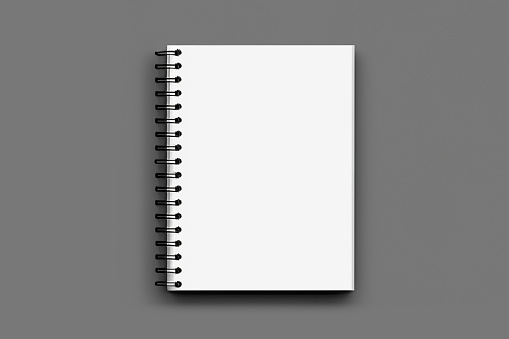 Blank spiral notebook template. Isometric view, on white background. Realistic mockups. For your mockups.
