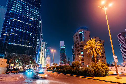 Beautiful view of Abu Dhabi skyline at night, United Arab Emirates