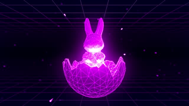 Happy Easter card in a digital format, showcasing a rabbit and an Easter egg amidst vibrant retro-futuristic light effects. Looped video.