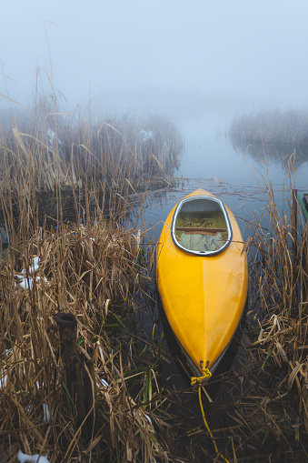 Yellow kayak in the reeds on the shore of the lake on a foggy day