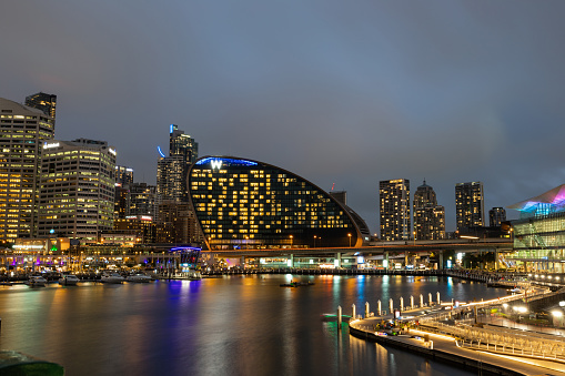 Sydney, Australia - February 9, 2024: Night view of W Hotel at Darling Harbour.