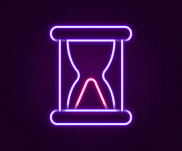 ilustrações de stock, clip art, desenhos animados e ícones de glowing neon line old hourglass with flowing sand icon isolated on black background. sand clock sign. business and time management concept. colorful outline concept. vector - hourglass time purple deadline