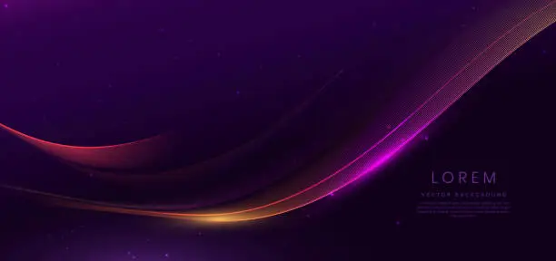 Vector illustration of Abstract pink and red wave lines glowing on dark purple background with copy space for text. Luxury design style.