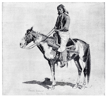 Native american comanche chief riding horse 1891
Frederic Sackrider Remington was an American painter, illustrator, sculptor, and writer who specialized in depictions of the Old American West, specifically concentrating on the last quarter of the 19th century American West and images of Cowboys, American Indians, and the U.S. Cavalry.
Original edition from my own archives
Source : 1891 Ilustración Artística