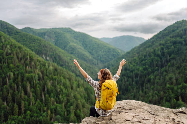 istock Young woman with backpack on mountain peak enjoying nature. 2010044329