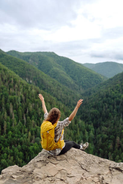 istock Young woman with backpack on mountain peak enjoying nature. 2010044341