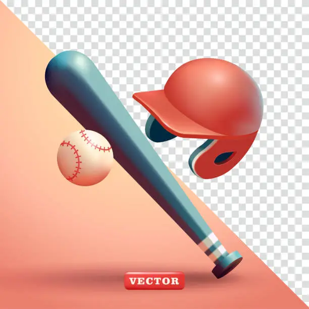 Vector illustration of Baseball bat, ball and helmet. 3d vector, suitable for sports and design elements