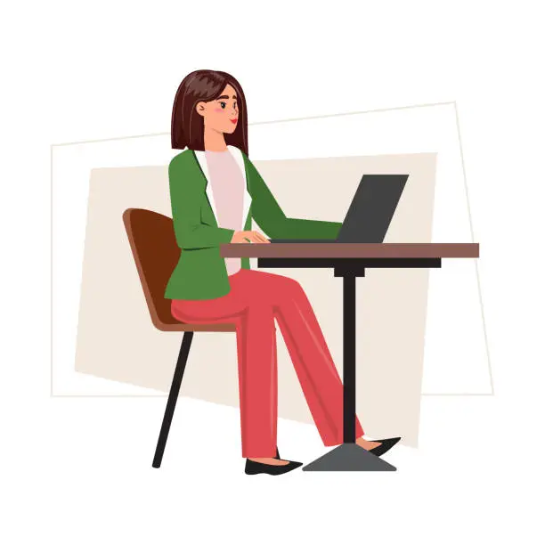 Vector illustration of Pretty young woman in a green suit sitting at the desk, working seamlessly from her laptop