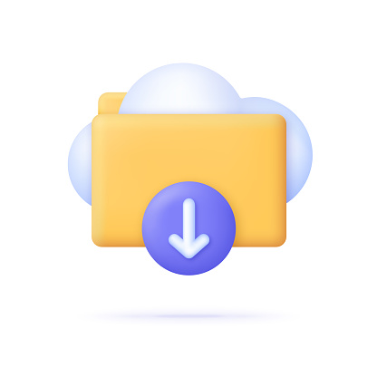3D Folder with cloud and download icon. Download multimedia file. Folder with documents. Trendy and modern vector in 3d style
