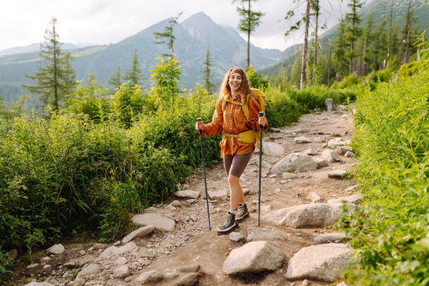 istock Happy backpacker woman hiking, camping through mountain forest. 2010061996