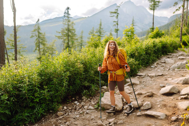 istock Happy backpacker woman hiking, camping through mountain forest. 2010062009